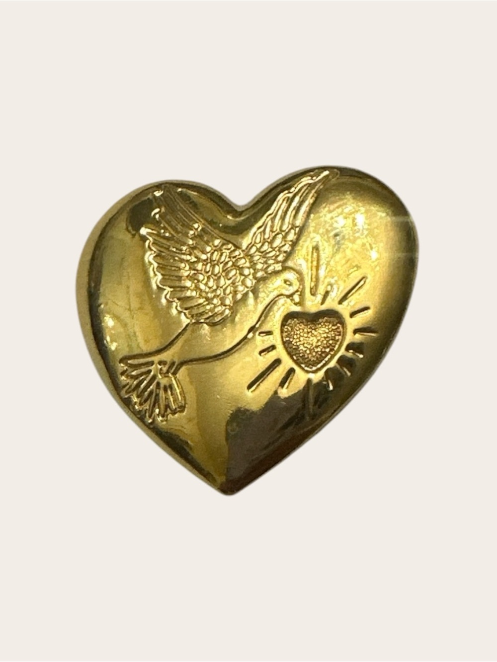 Gold Heart Pin with Dove and Radiant Heart Motif